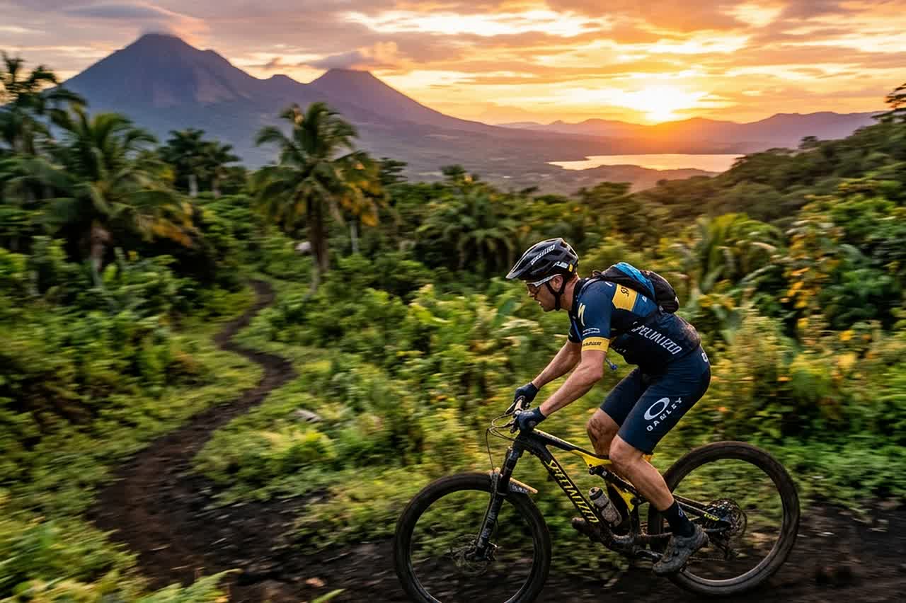 Ciclista de montaña recorriendo un paisaje tropical de Nicaragua